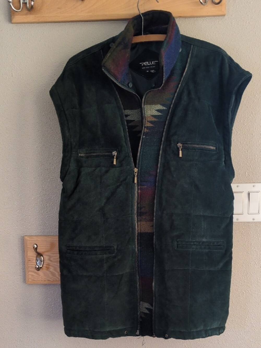 Pelle Dark Green Suede Puffer Jacket with Patterned Wool Sleeves - Picture 7 of 9